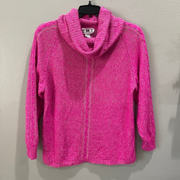 Vintage E.M.T. Hot Pink Cowl neck Silk Angora Lambswool Blend Cable knit Sweater - Picture 1 of 10